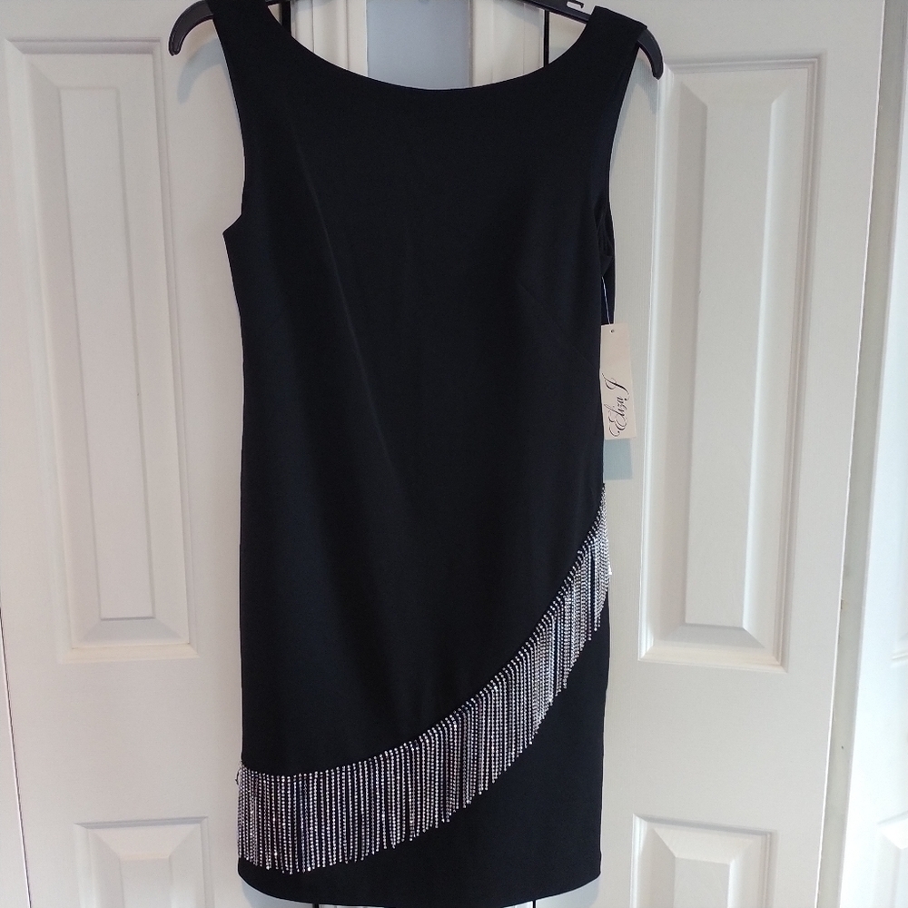 Eliza J Black Sheath Dress with Rhinestone Fringe 2 - Picture 3 of 12